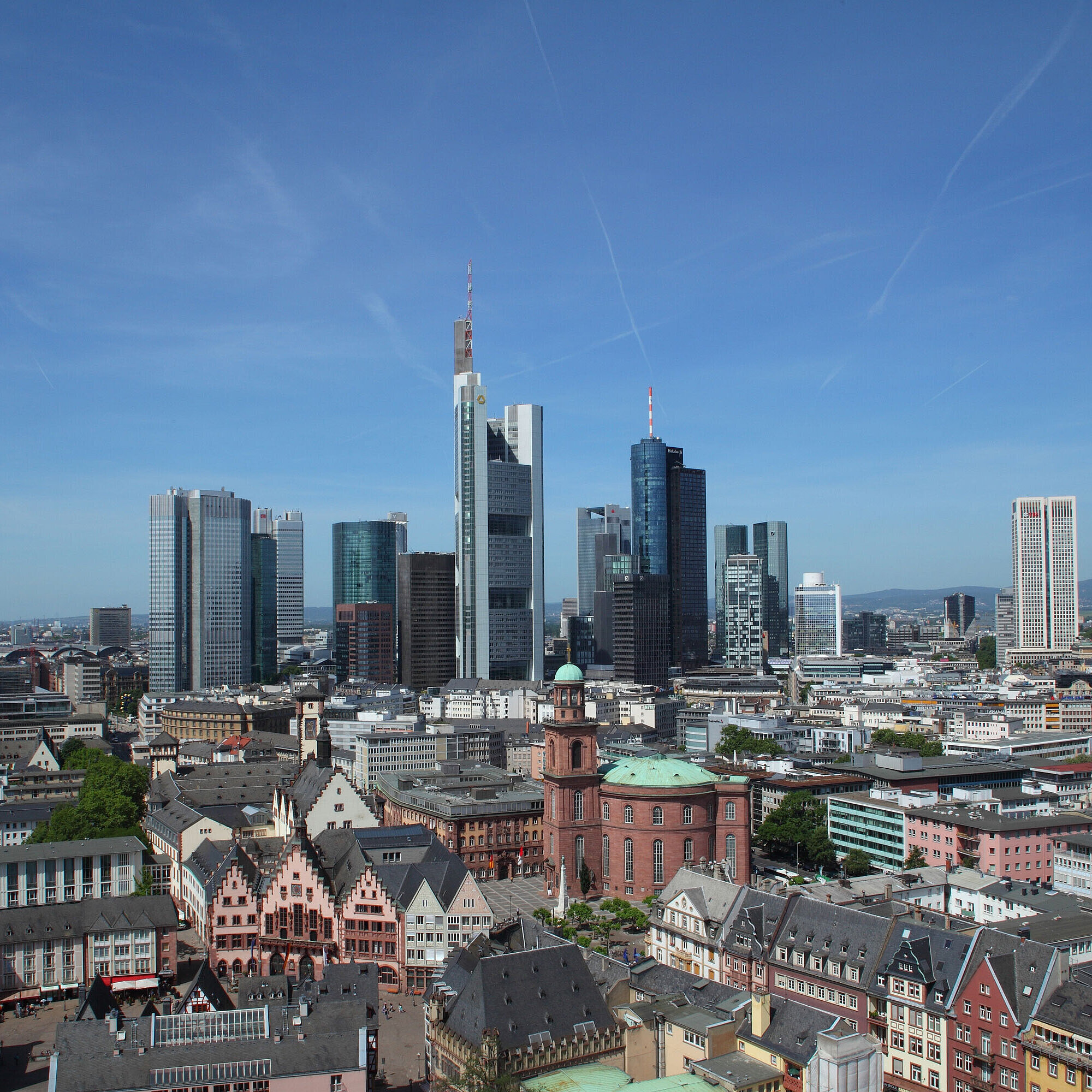 Skyline Frankfurt View of Frankfurt's skyline with the Römer and St. Paul's Church in the foreground on a clear day.
