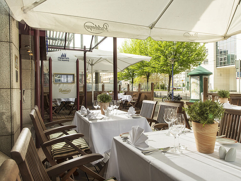 The terrace of Maritim Hotel with set tables, a relaxing atmosphere, and plenty of natural light in the outdoor area.