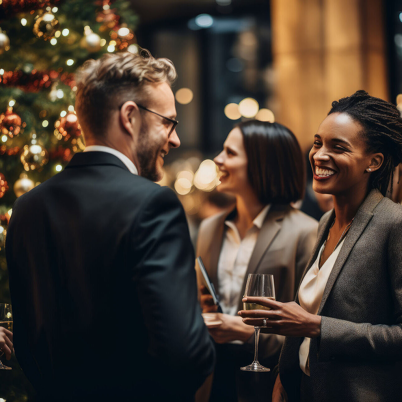 Business professionals toasting with sparkling wine at festive Christmas party