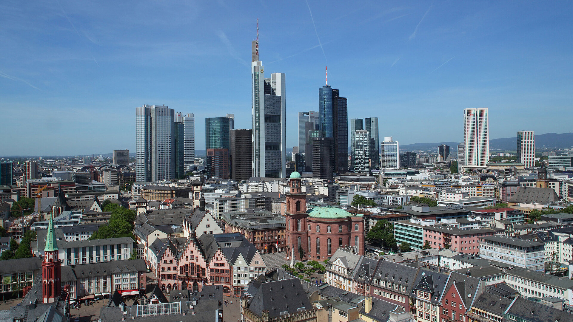 Skyline Frankfurt View of Frankfurt's skyline with the Römer and St. Paul's Church in the foreground on a clear day.