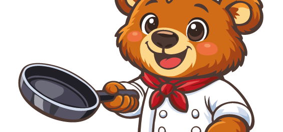 Cartoon bear in a chef outfit holding a frying pan and wearing a Maritim chef’s hat.