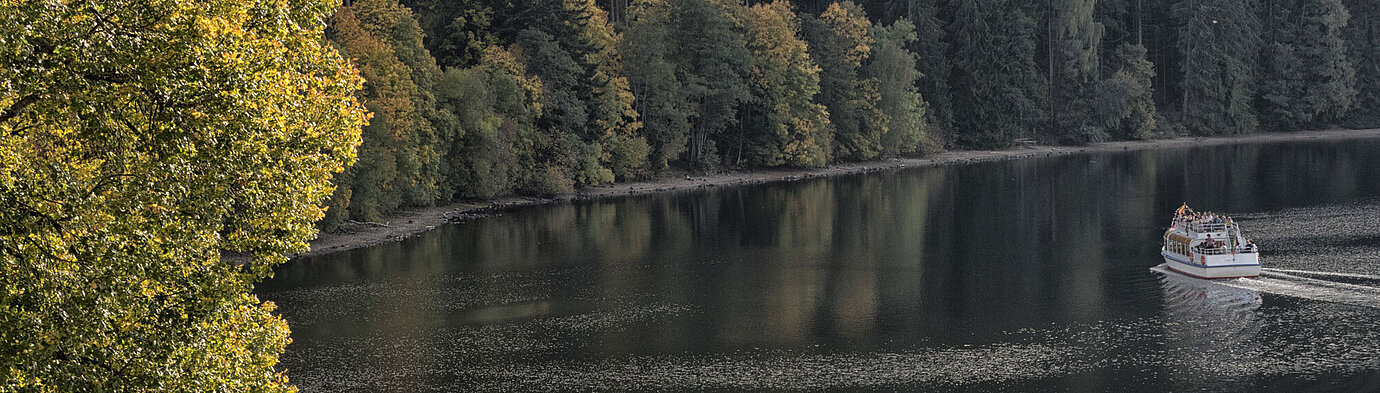 View of Lake Titisee with forested shoreline and autumn scenery in the Black Forest.