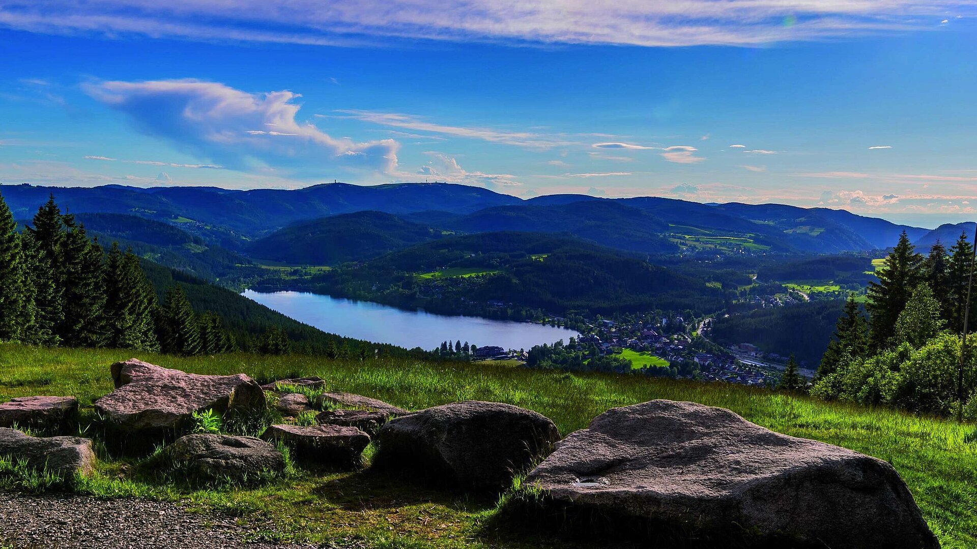 Vue large sur le Titisee et la Forêt-Noire depuis le Hochfirst avec prairies, rochers et collines boisées
