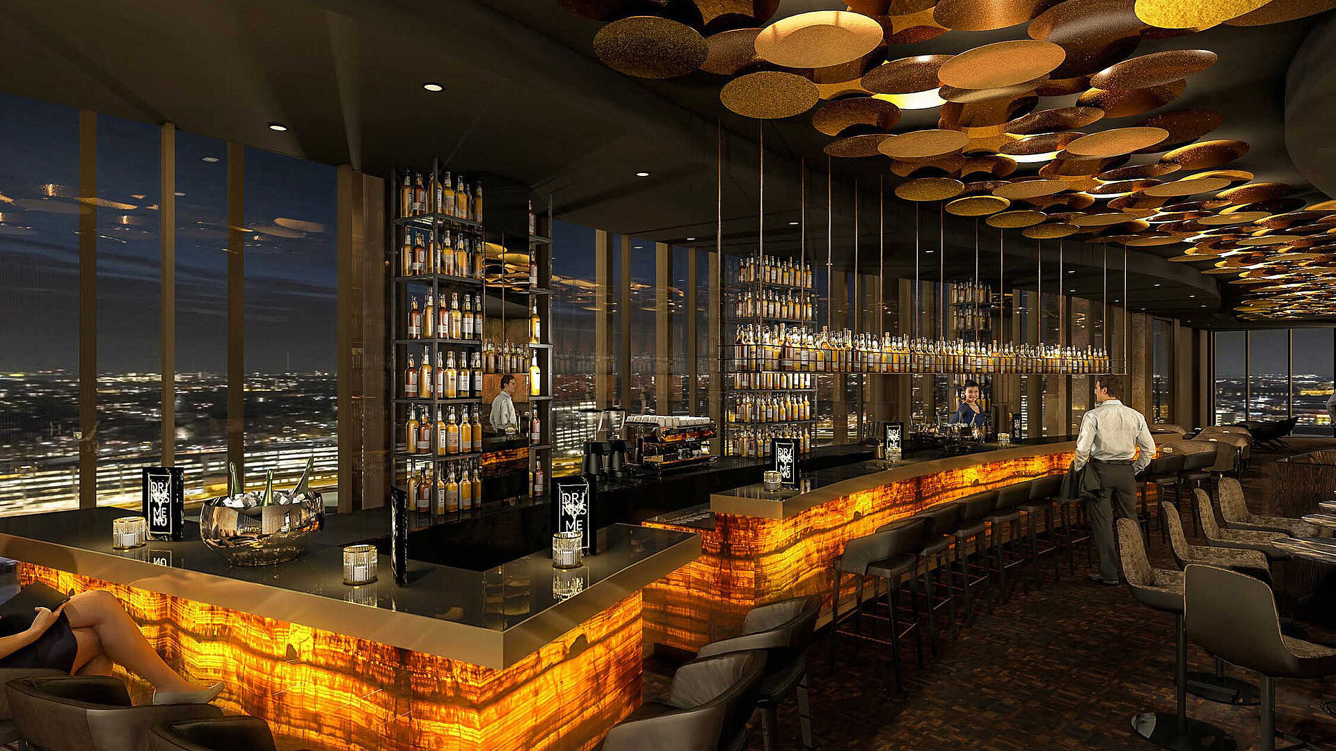 The modern "Noord" bar at the Maritim Hotel Amsterdam. With a chic counter, lounge furniture, and a great view