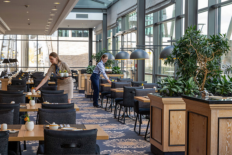 Interno luminoso del ristorante Wintergarten del Maritim Hotel Dresden con grandi finestre e tavoli apparecchiati.