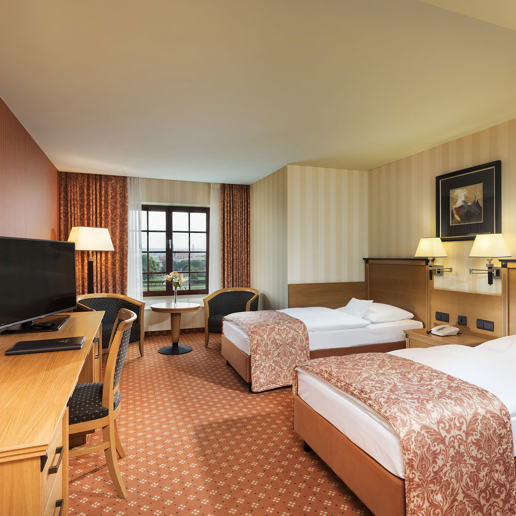Superior room Superior room at Maritim Hotel Dresden with two single beds, desk, TV, and a view of the Elbe River.