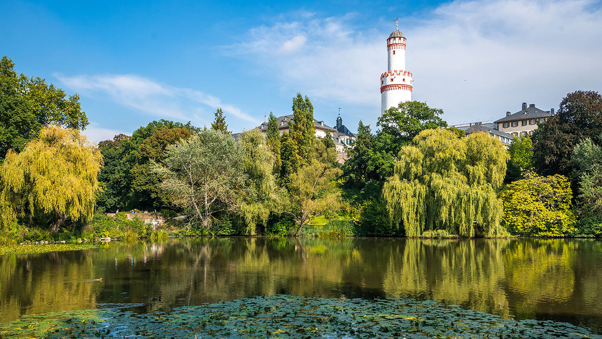 Bad Homburg © Sina Ettmer - AdobeStock.com View across Bad Homburg's spa gardens with a water lily pond, lush greenery and the White Tower in the background.