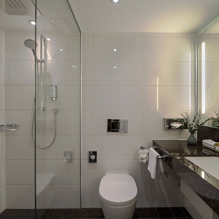 Salle de bain Salle de bain moderne de l'hôtel Maritim Darmstadt avec douche en verre, comptoir élégant et détails stylés.