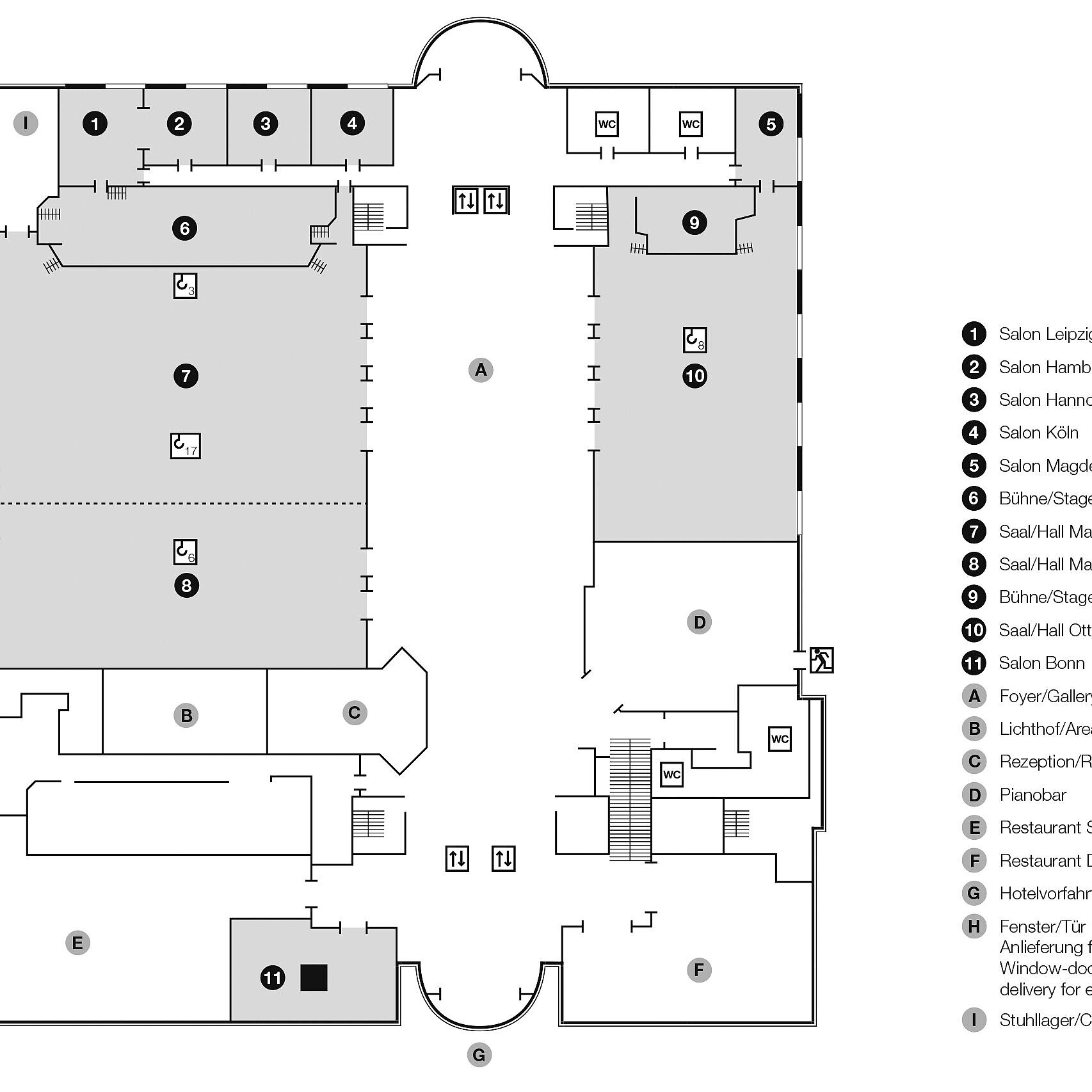 Plano de construcción, piso de abajo | Maritim Hotel Magdeburg