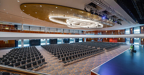 Grande salle de bal avec scène, galerie et éclairage moderne au Maritim Hotel Düsseldorf