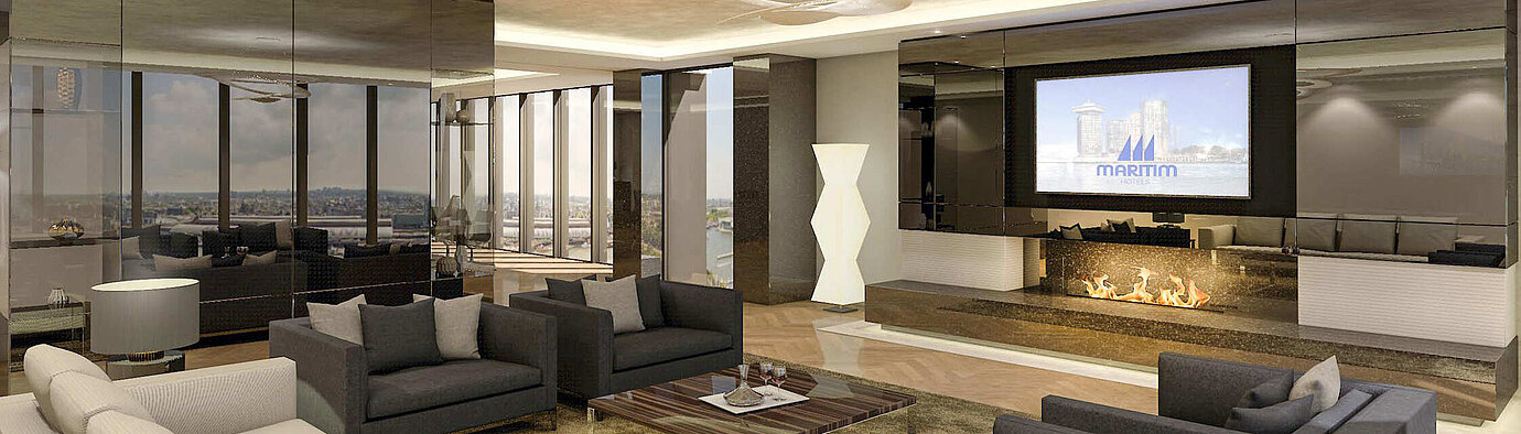 Presidential suite Elegant lounge at Maritim Hotel Amsterdam with fireplace and panoramic view