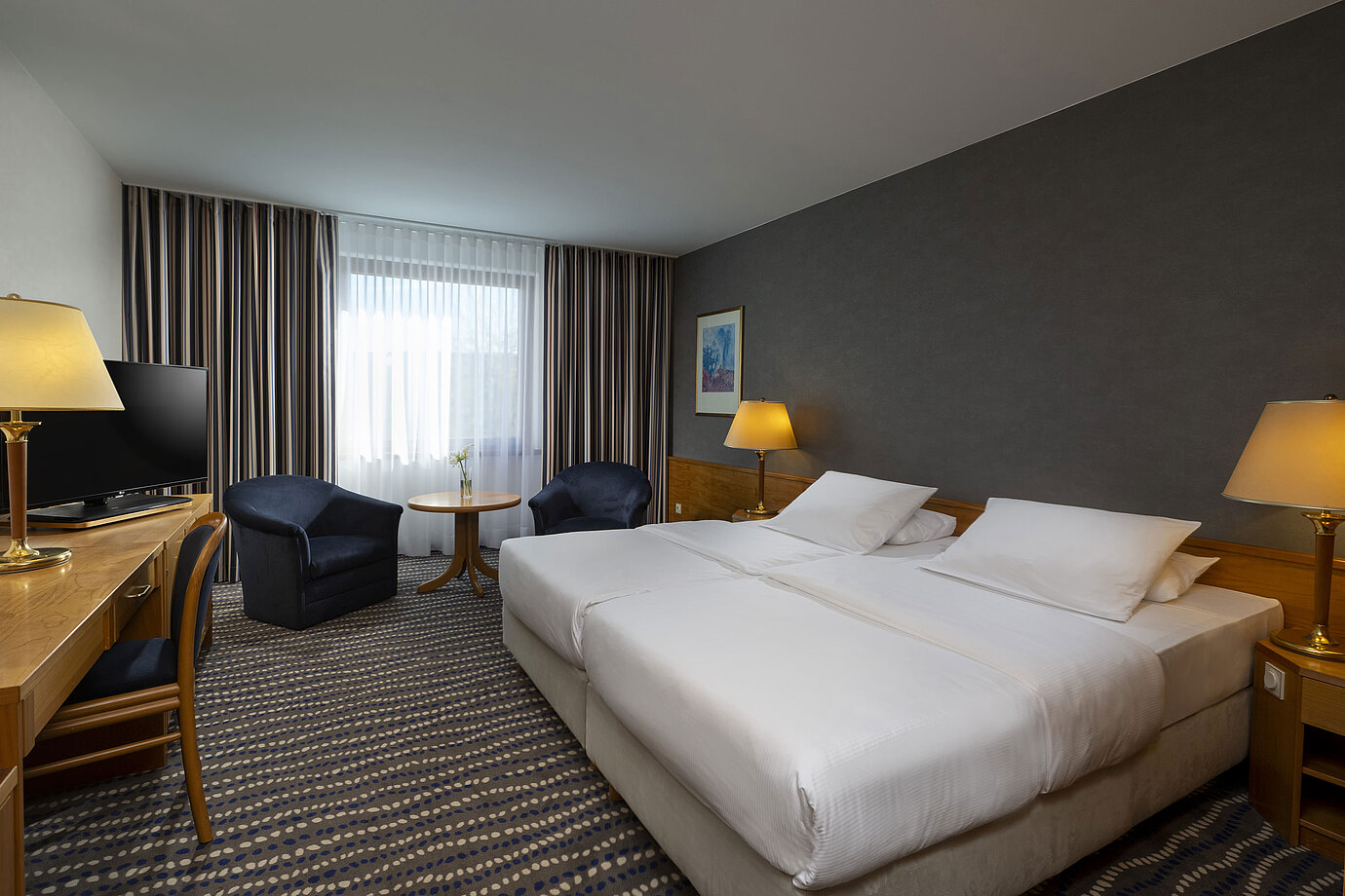 Chambre d'hôtel avec lit double, téléviseur, bureau et coin salon confortable, idéale pour détente et confort