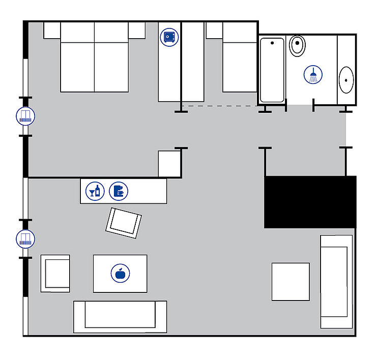 Room floor plan Junior Suite Plus in the Maritim Hotel Bellevue Kiel