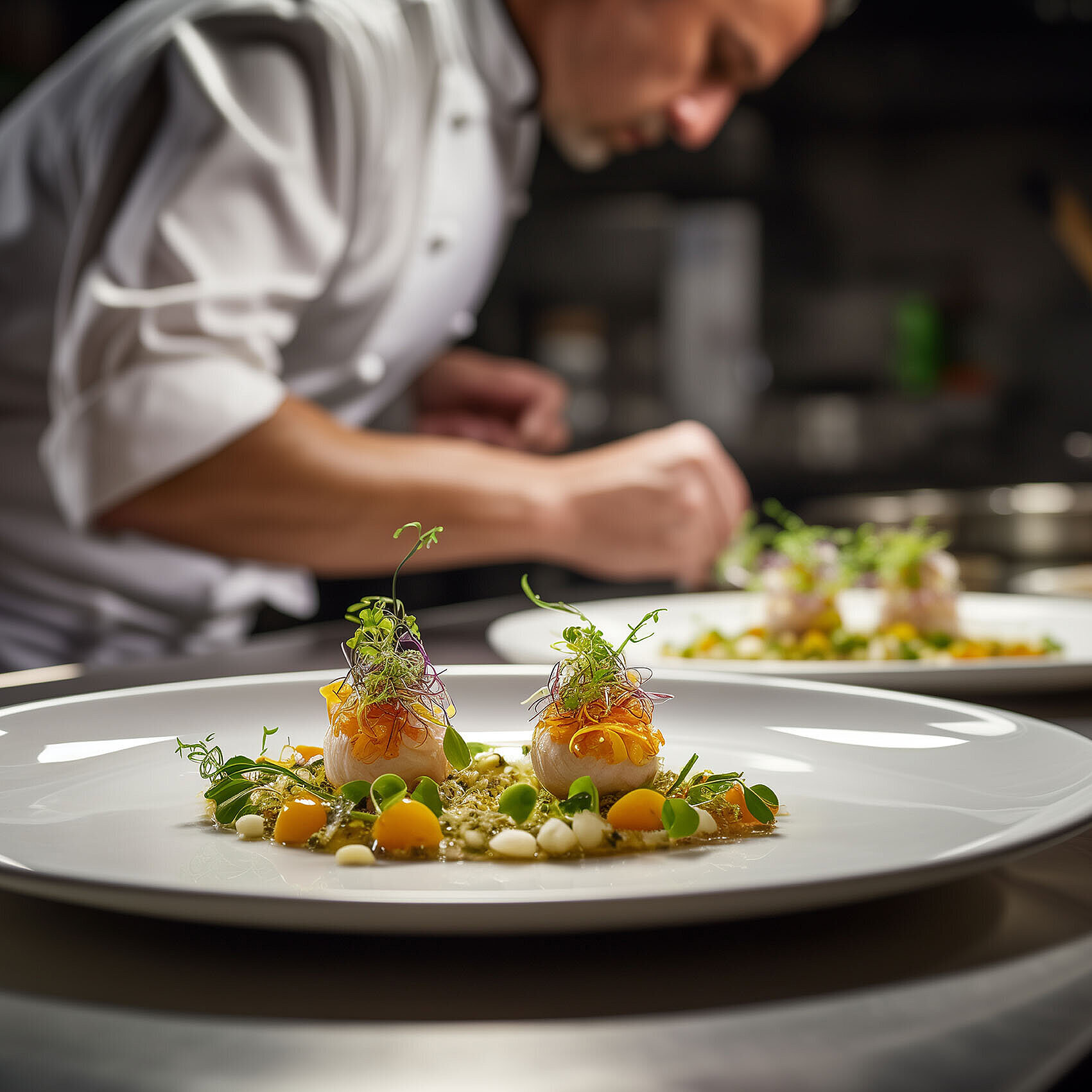 © Enrique – AdobeStock.com Gourmet chef artfully plating a fine dish on a white plate