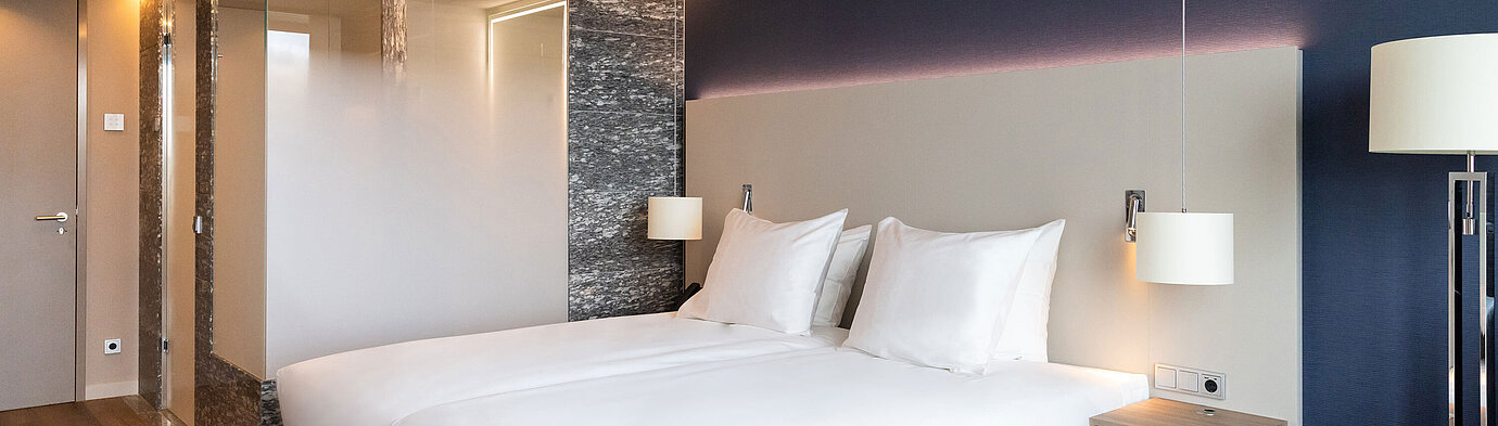 Double room Bright twin room with modern interior in Maritim Hotel Amsterdam and glass bathroom