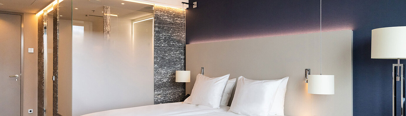 Bright twin room with modern interior in Maritim Hotel Amsterdam and glass bathroom