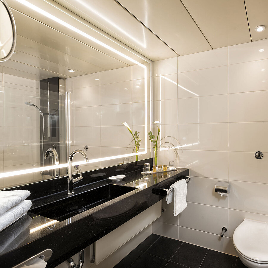 Bathroom Modern bathroom with shower and bathtub at Maritim Hotel Bonn, featuring elegant fixtures and mirror lighting