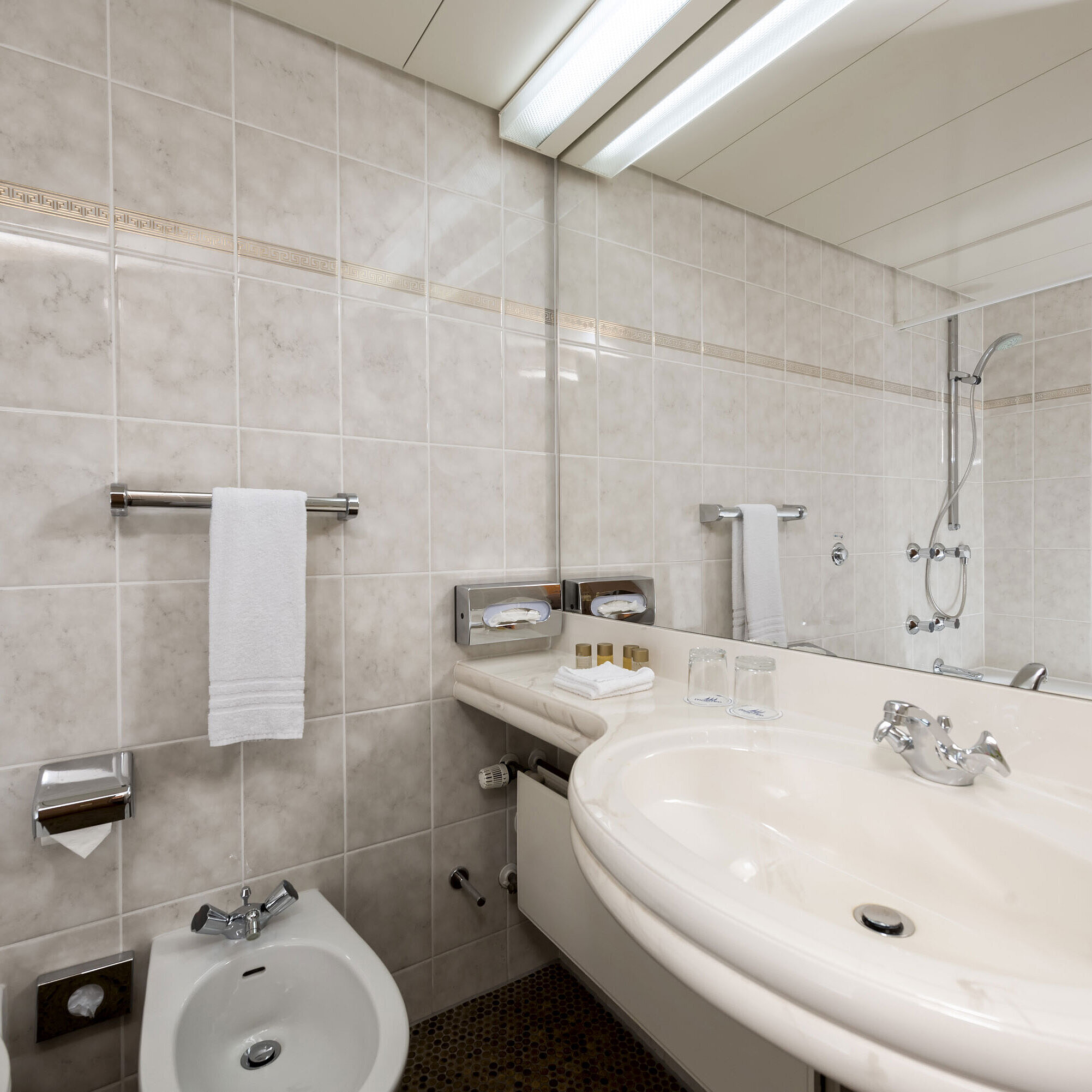 Bathroom Bright bathroom with bidet, sink, mirror and fresh towels at Maritim Hotel Bad Wildungen