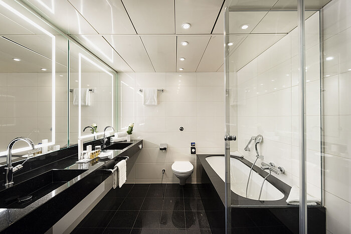 Bagno elegante con doppi lavandini, vasca da bagno e accessori moderni al Maritim Hotel Bonn, elegante e funzionale.