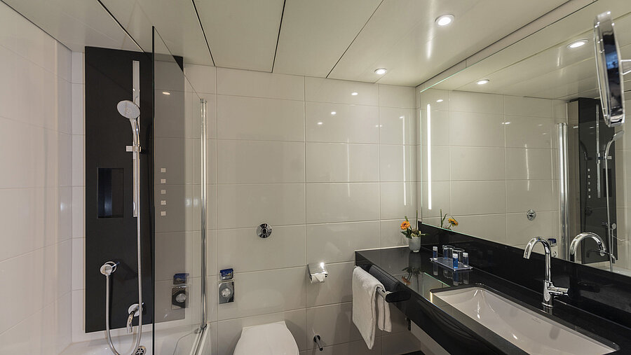 Salle de bain moderne avec grande douche, lavabo élégant et finitions haut de gamme au Maritim Hotel Königswinter.