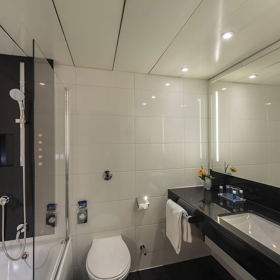 Baño moderno con ducha espaciosa, lavabo elegante y acabados de alta calidad en el Maritim Hotel Königswinter.