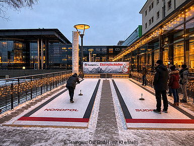 Ice stock sport © Teamgeist Ost GmbH (created with AI) Winter-themed ice stock rink outdoors with fairy lights and guests enjoying ice stock sport in a festive atmosphere.