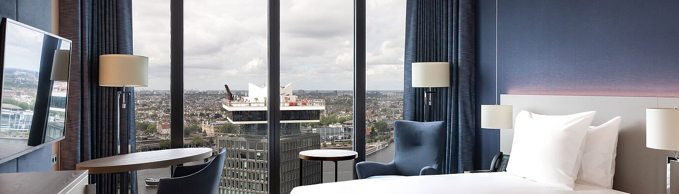 Modern twin room in Maritim Hotel Amsterdam with panoramic city and river view