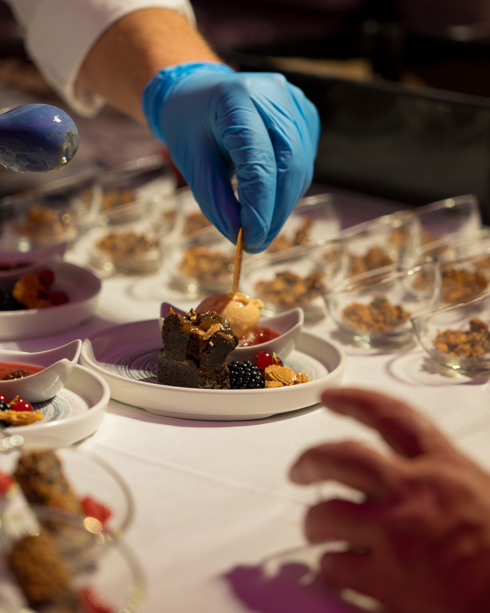 Kitchen party with live cooking Chef plating a freshly prepared dish during a kitchen party while guests watch the preparation.