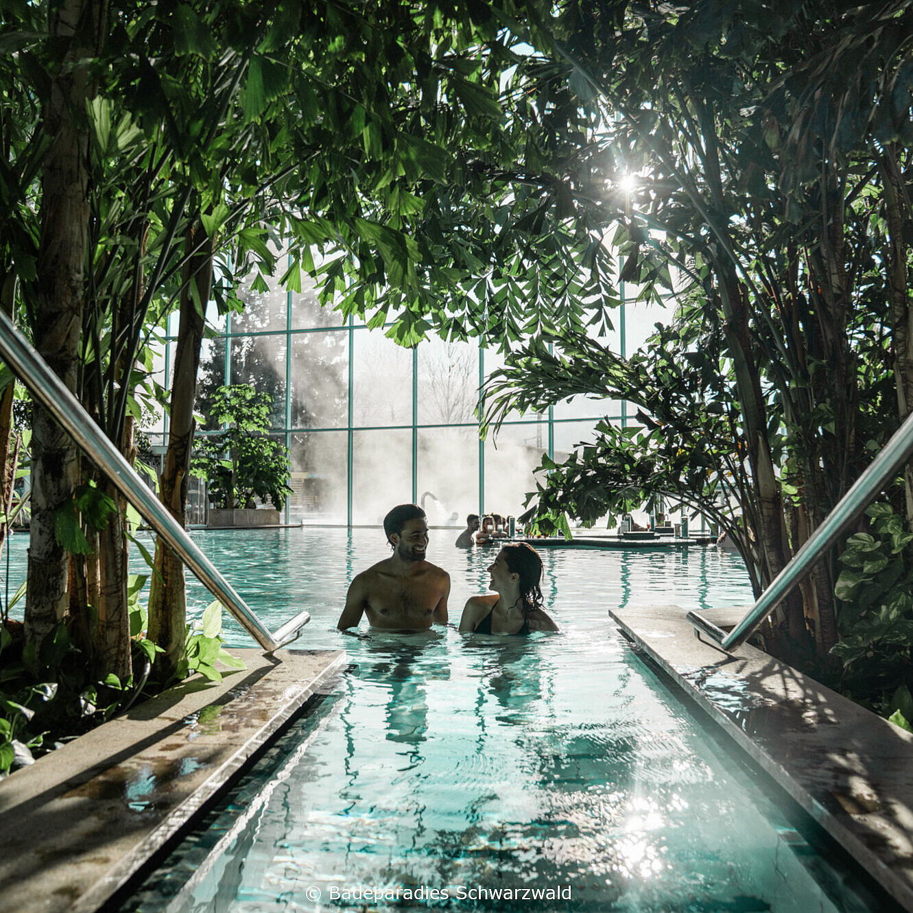 Palmenoase © Badeparadies Schwarzwald Two people relaxing in indoor pool surrounded by tropical plants and natural daylight